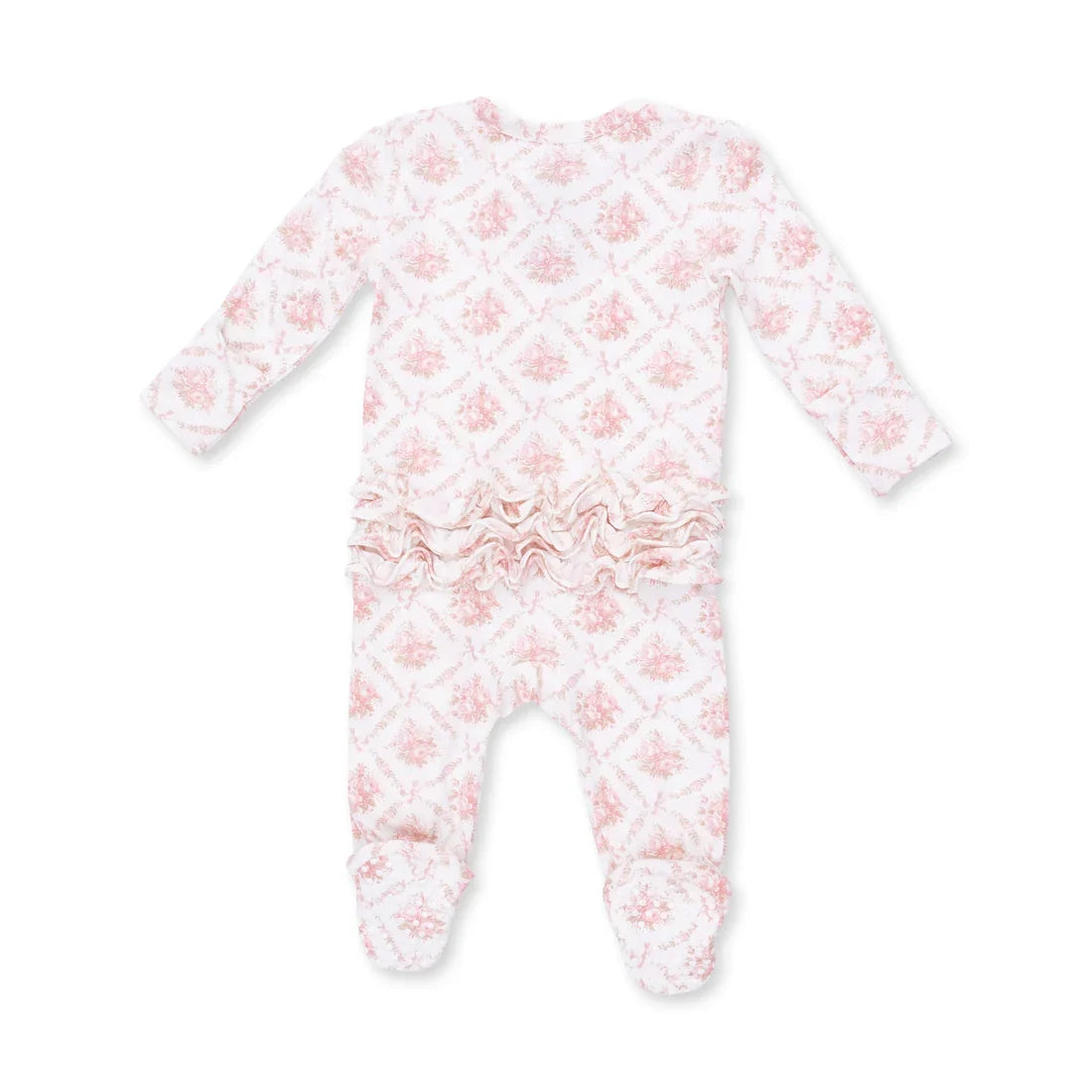 Angel Dear 2 Way Zipper Ruffle Back Footie in Rosebow Lattice