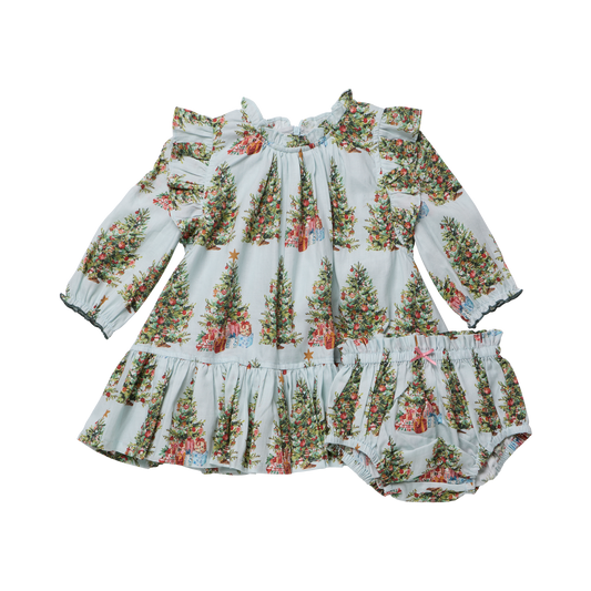 Pink Chicken Baby Girls Harper Dress Set in Mint Trees and Presents