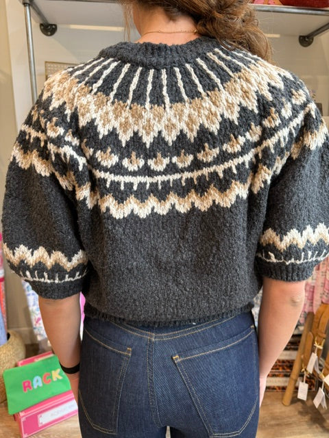 Autumn Cashmere Puff Sleeve Fair Isle Crew in Charcoal/Paper