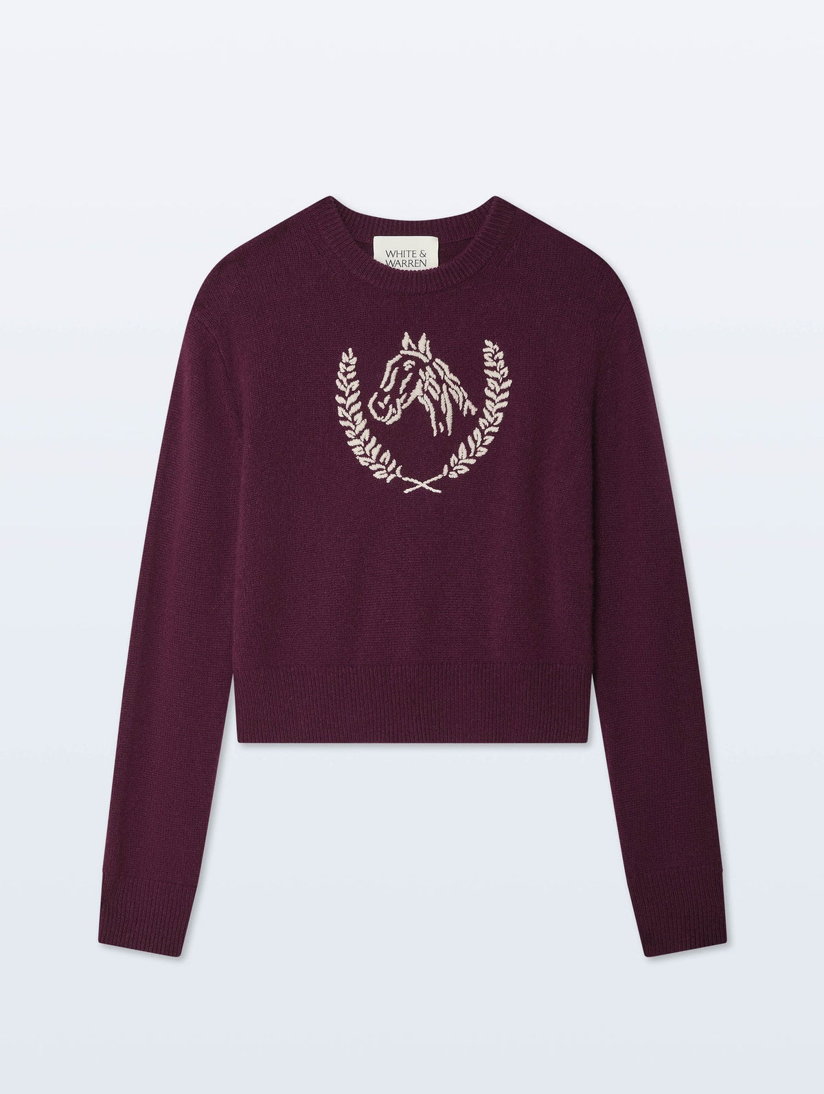 White + Warren Cashmere Blend Horse Embroidered Crewneck Sweater in Oxblood/Ivory