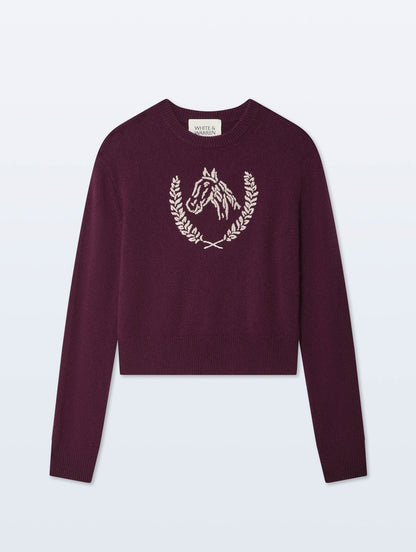 White + Warren Cashmere Blend Horse Embroidered Crewneck Sweater in Oxblood/Ivory