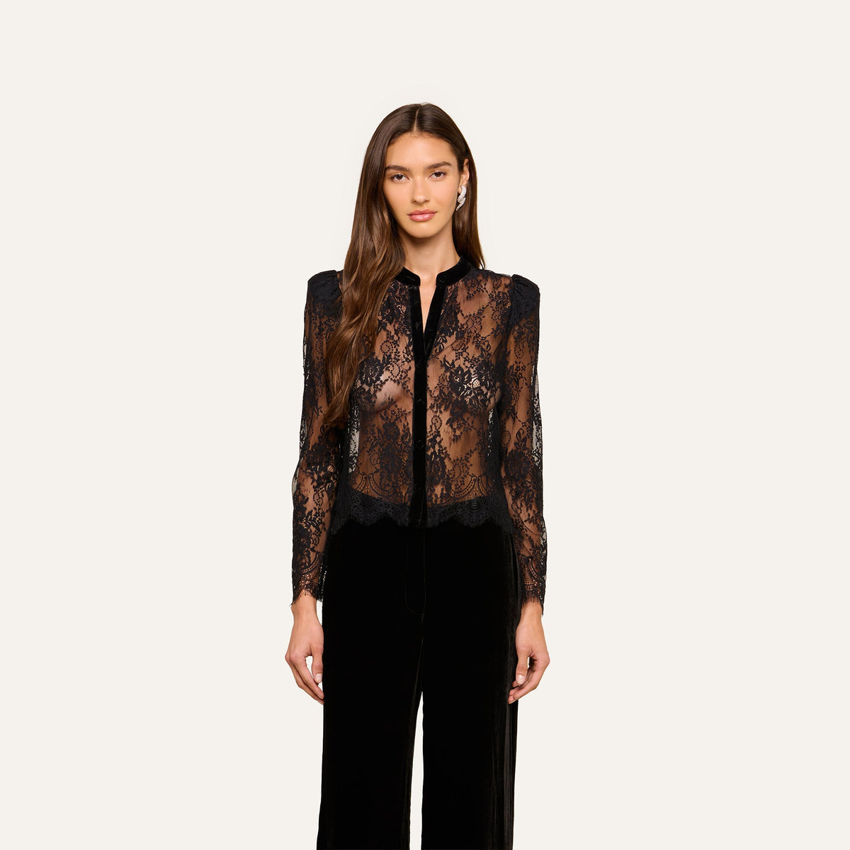 L'Agence Dorothea Velvet Lace Blouse in Black