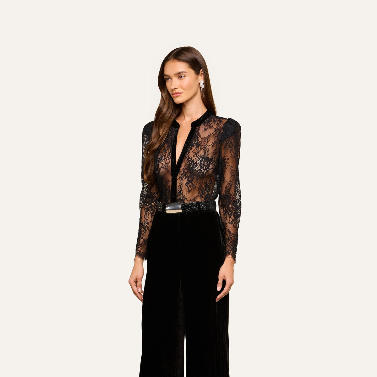 L'Agence Dorothea Velvet Lace Blouse in Black