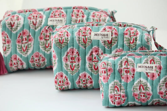 MYNAHbySmitha Quilted Travel Bag in Turquoise Bouquet Print -Assorted Sizes