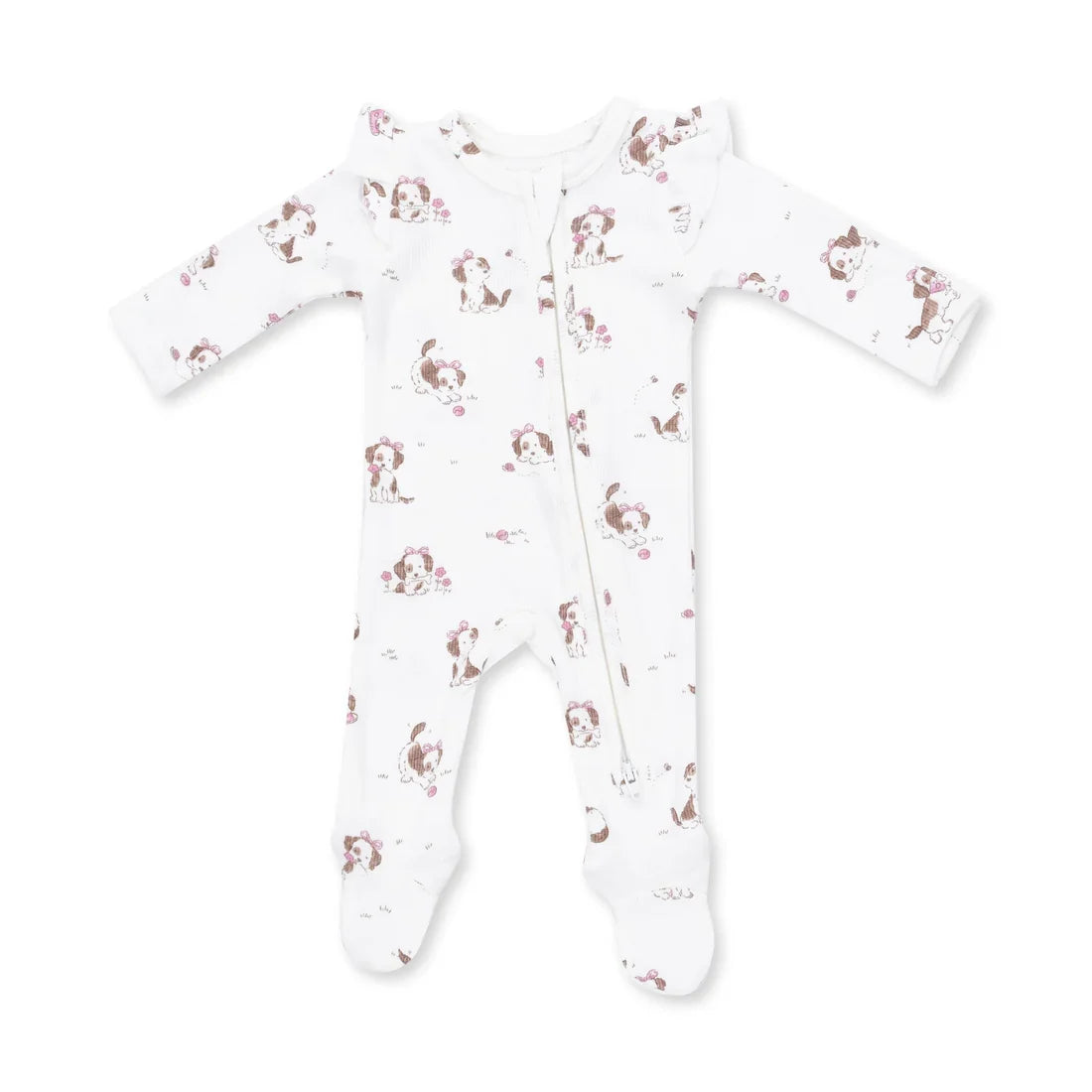 Angel Dear 2 Way Zipper Ruffle Sleeve Footie in Explorer Puppy Pink