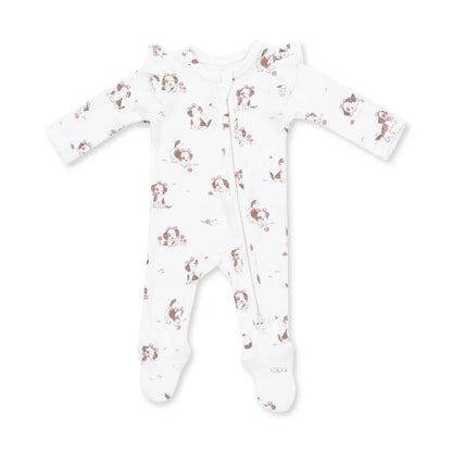 Angel Dear 2 Way Zipper Ruffle Sleeve Footie in Explorer Puppy Pink