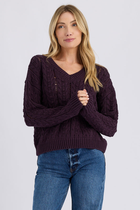 Stitches + Stripes V-Neck Pullover in Plum