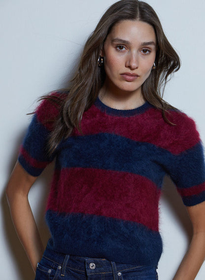 Autumn Cashmere Rugby Striped Crew Sweater in Navy/Rugby