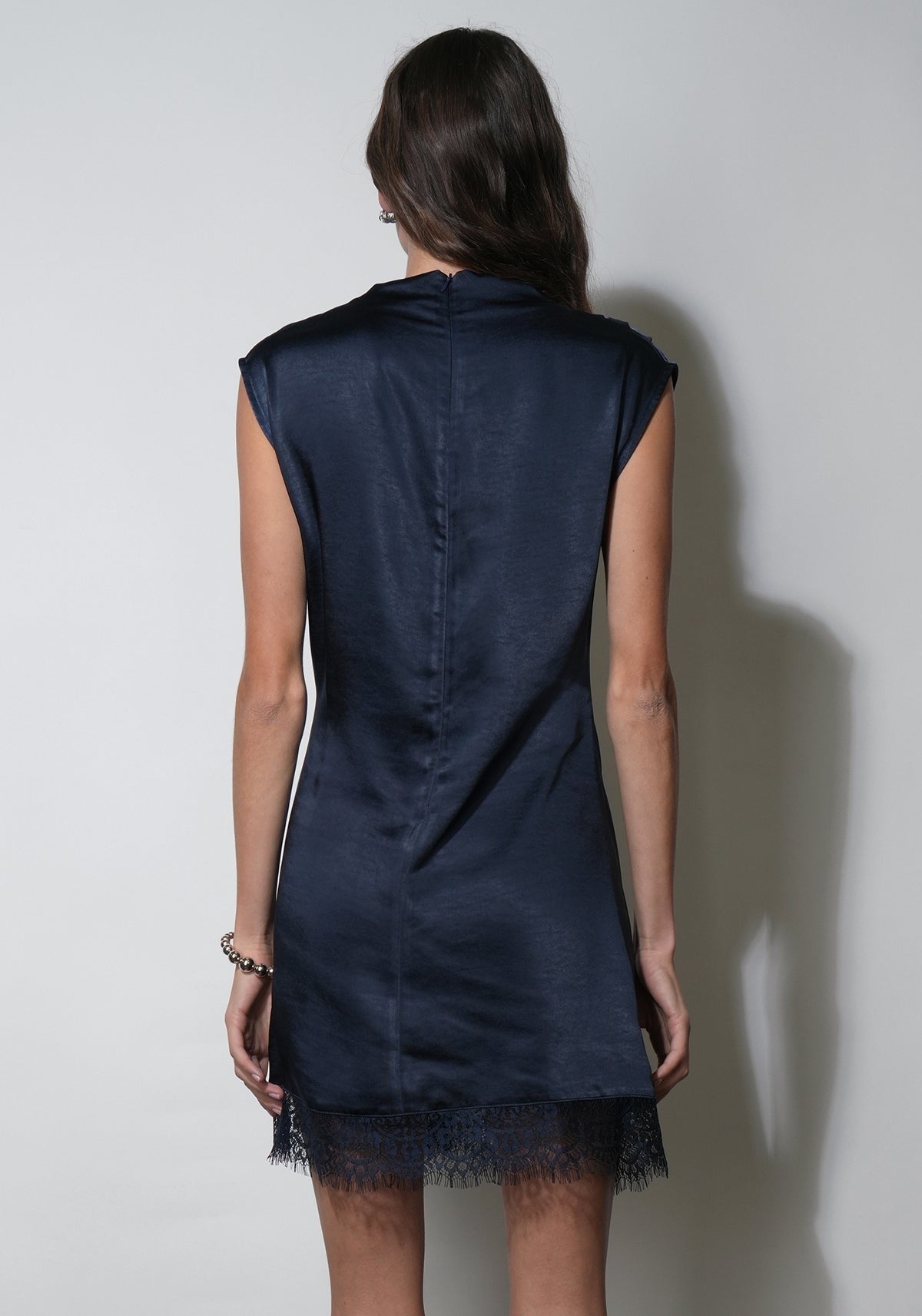 Greylin Ryann Mock Neck Lace Hem Mini Dress in Navy