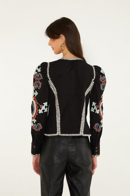 Farm Rio Fantasy Embroidered Long Sleeve Blouse in Black