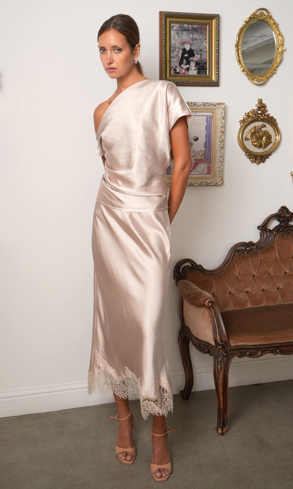 Greylin Nellie Asymmetric Satin Draped Off Shoulder Top in Taupe