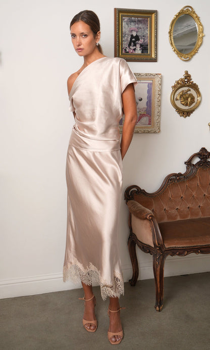 Greylin Nellie Asymmetric Satin Draped Off Shoulder Top in Taupe