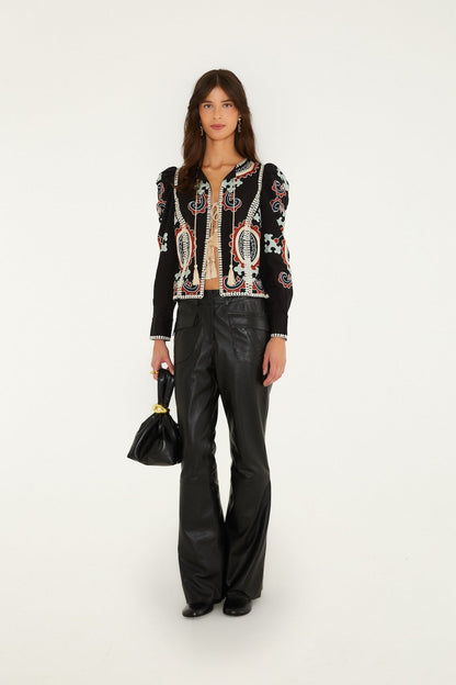 Farm Rio Fantasy Embroidered Long Sleeve Blouse in Black