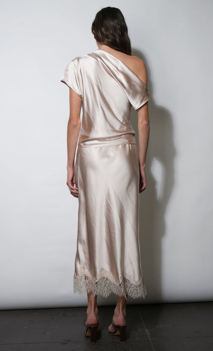 Greylin Nellie Asymmetric Satin Draped Off Shoulder Top in Taupe