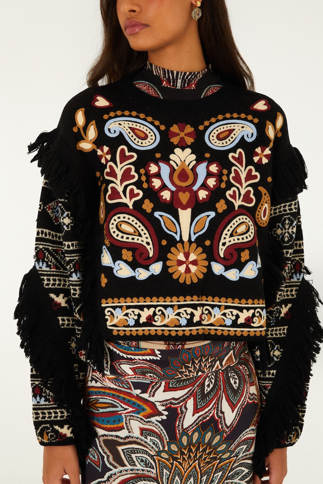 Farm Rio Cornelli Fringe Sweater in Love Paisley