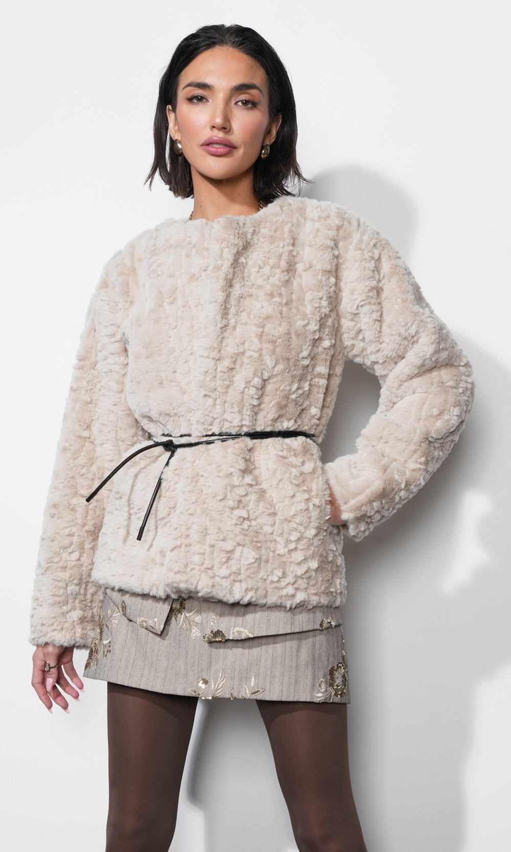 Greylin Yuri Collarless Faux Fur Jacket in Cream