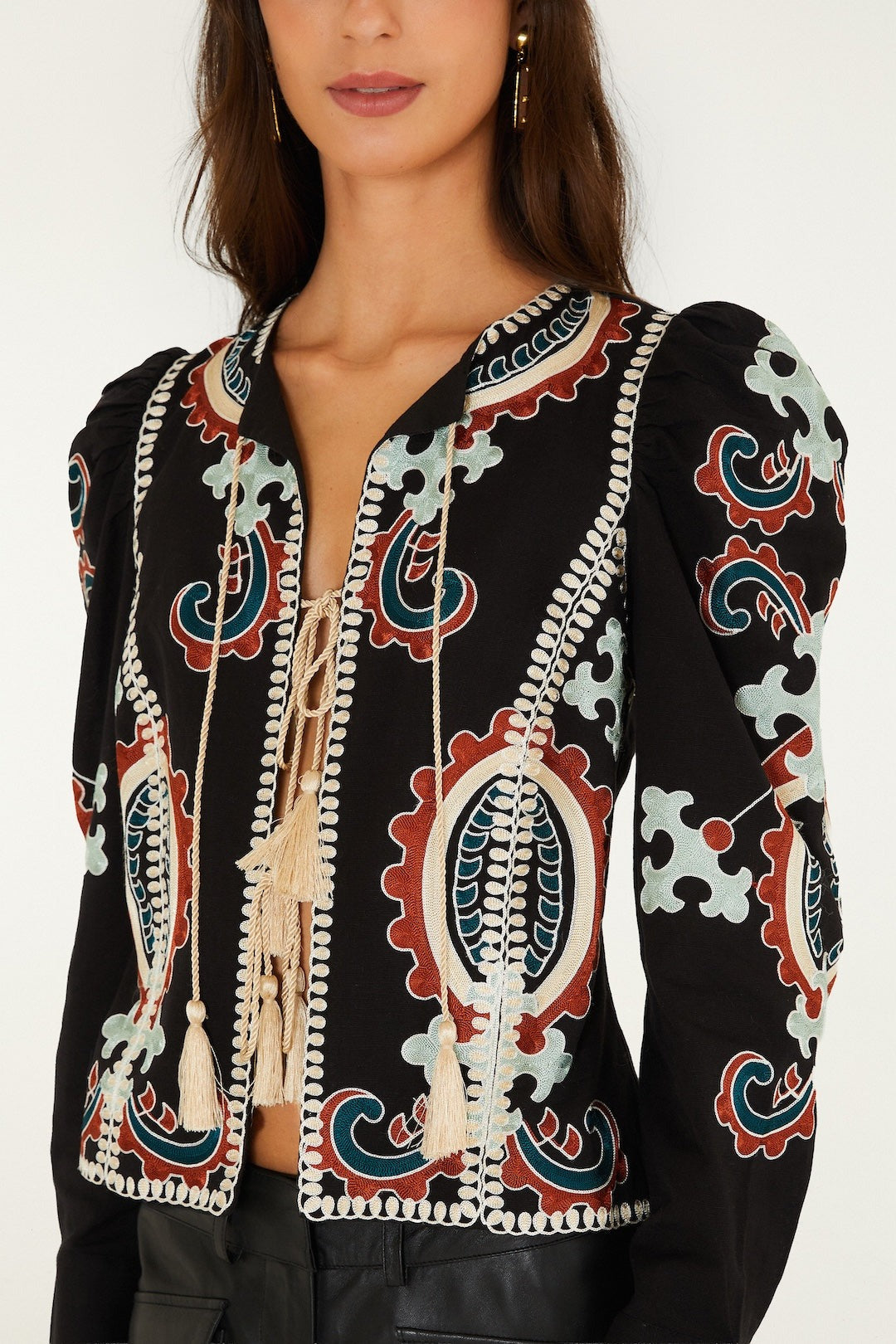 Farm Rio Fantasy Embroidered Long Sleeve Blouse in Black